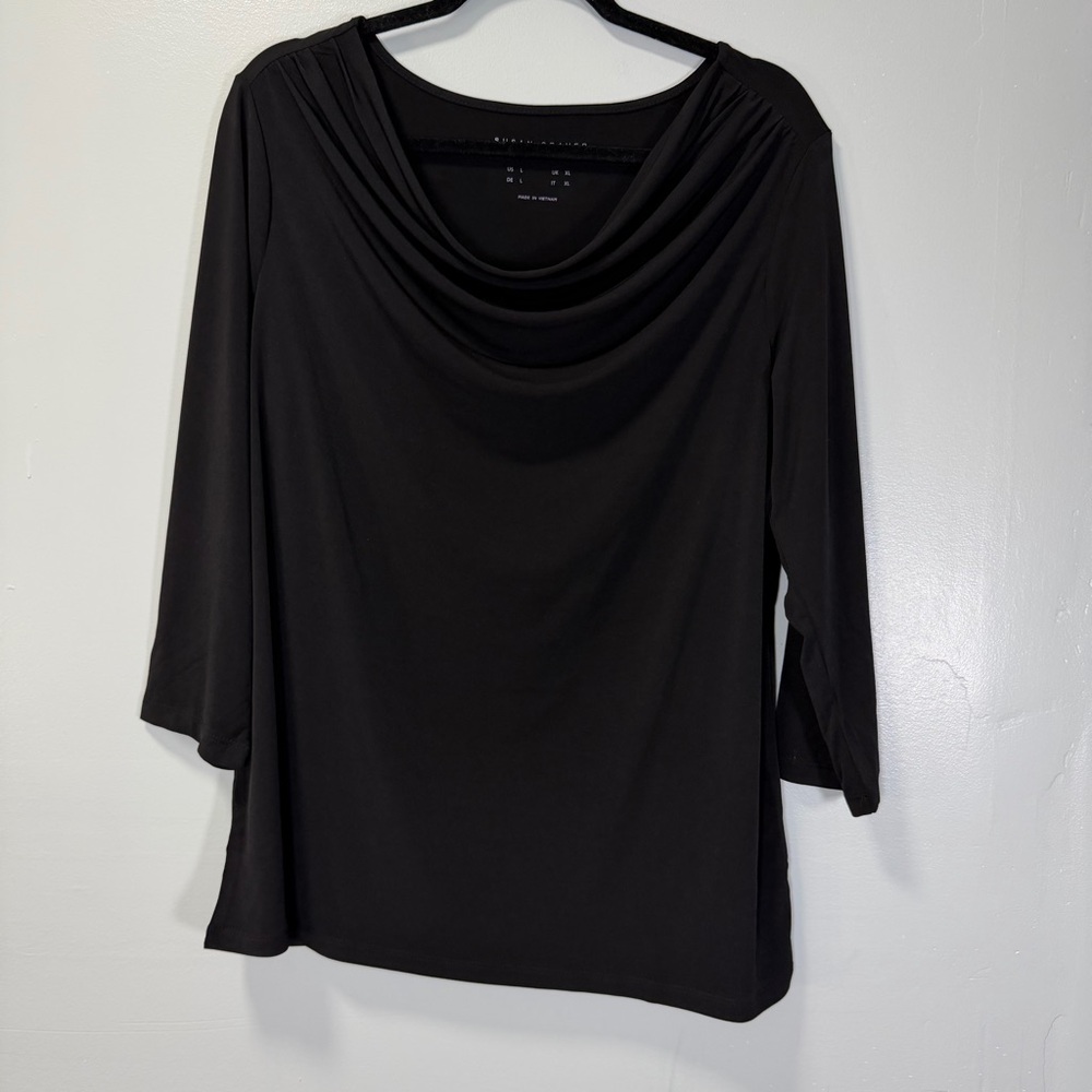Susan Graver Black Draped Neck 3/4 Sleeve Blouse Size Large